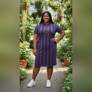 18 women MODCLOTH Collectif Knitted Wine Blue Stripe Short Sleeve Collar Dress
